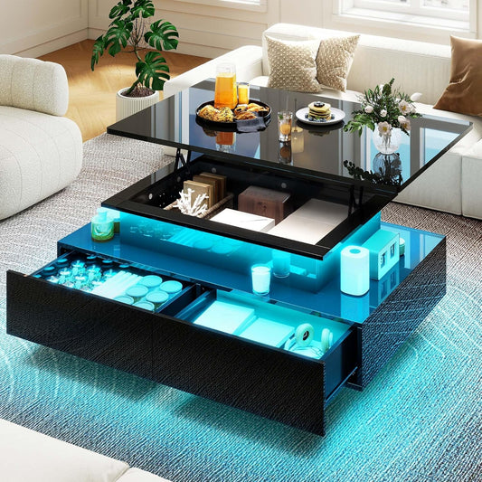 LED Lift Top Coffee Tables for Living Room, Rectangular Coffee Table with 4 Spacious Drawers, Modern Center Table with Lifting Top for Home Decor, Black
