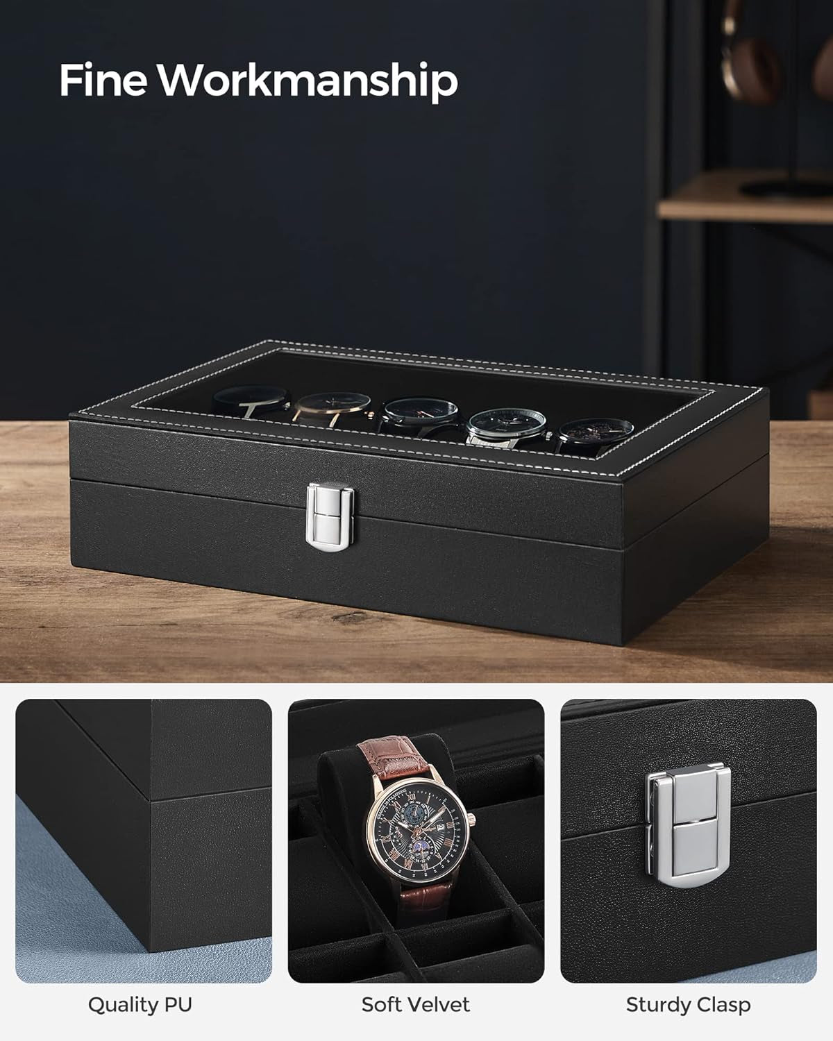Watch Box Bundle, 12-Slot Watch Case with Glass Lid, Watch Holder with Removable Watch Pillow, Velvet Lining, Metal Clasp, Watch Display, Black UJWB12BK and UJWB012B01