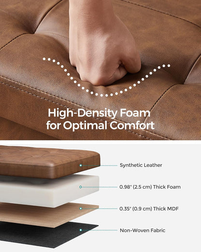 MAZIE Collection - 43 Inches Storage Ottoman Bench with Flipping Lid, Storage Chest with Iron Frame Support, Load 660 Lb, for Living Room, Bedroom, Synthetic Leather, Coffee Brown ULSF075K01
