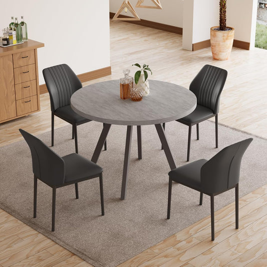 34.6'' round Dining Table and Chairs for 4, Mid Century Modern round Table Set, Space Saving for Apartment Kitchen Dining Room (Grey Table+4 Black Chairs)