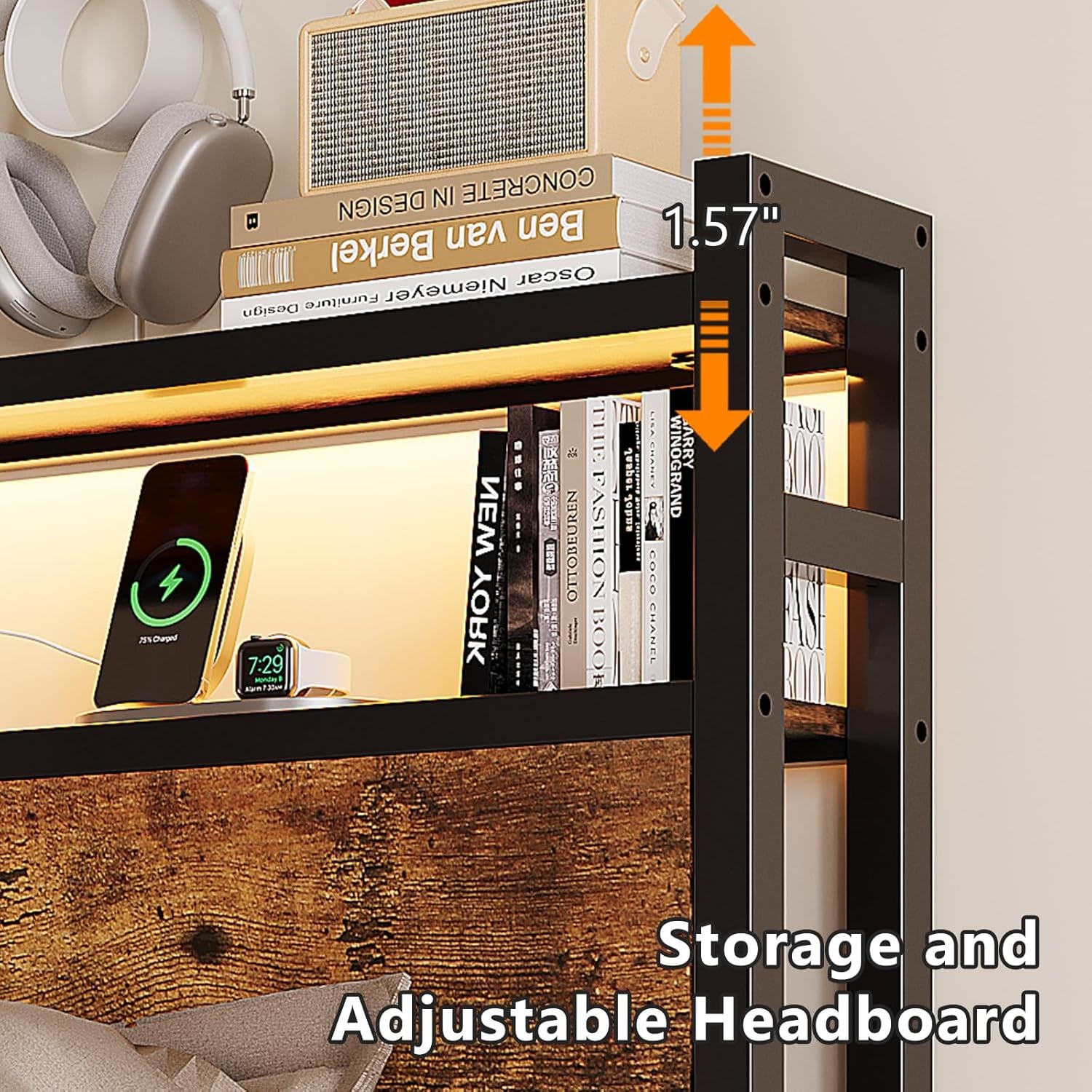 Queen Bed Frame with 4 Storage Drawers and Headboard, Metal Platform Panel Bed with Charging Station and RGB LED Lights, No Box Spring Needed, Noise Free, Easy Assembly, Vintage Brown