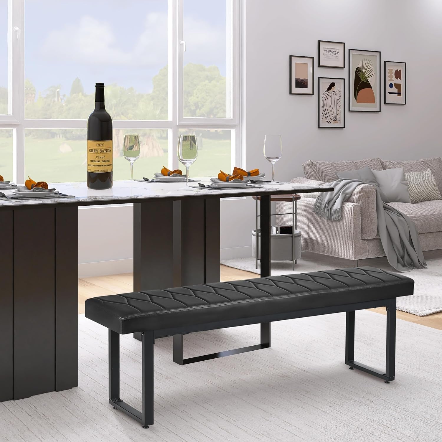 58” Padded Dining Table Bench Pair of 2 for 6-8 Person, Faux Leather Indoor Cushioned Extra Long Bench for Dining Room Table, Bedside Shoe Entryway Benches (Black, 58")