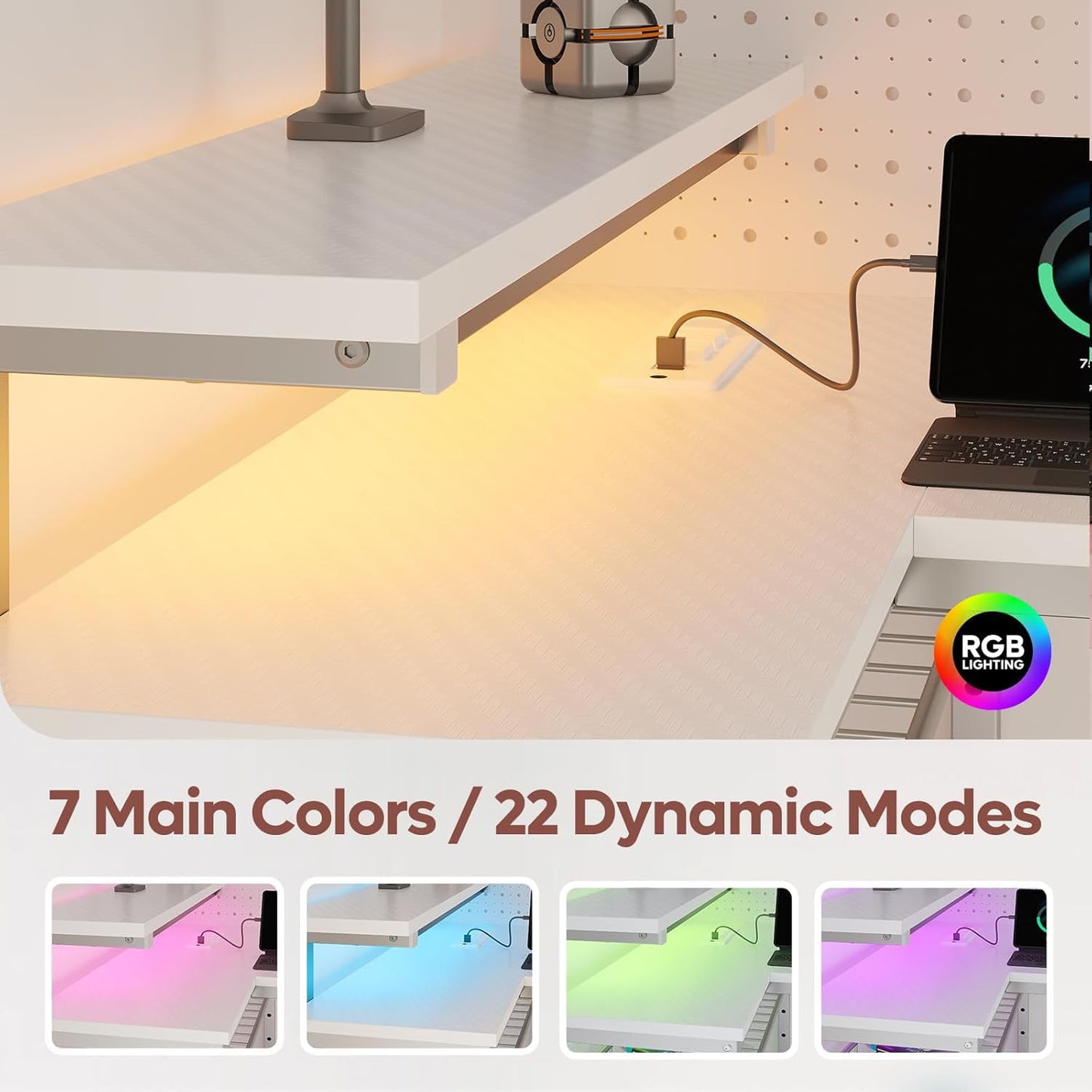 White Computer Desk with Charging Port & LED Strip,42 Inch Modern Gaming Desk with Reversible Storage Shelves,Small L Shaped Desk with Hooks for Home Office