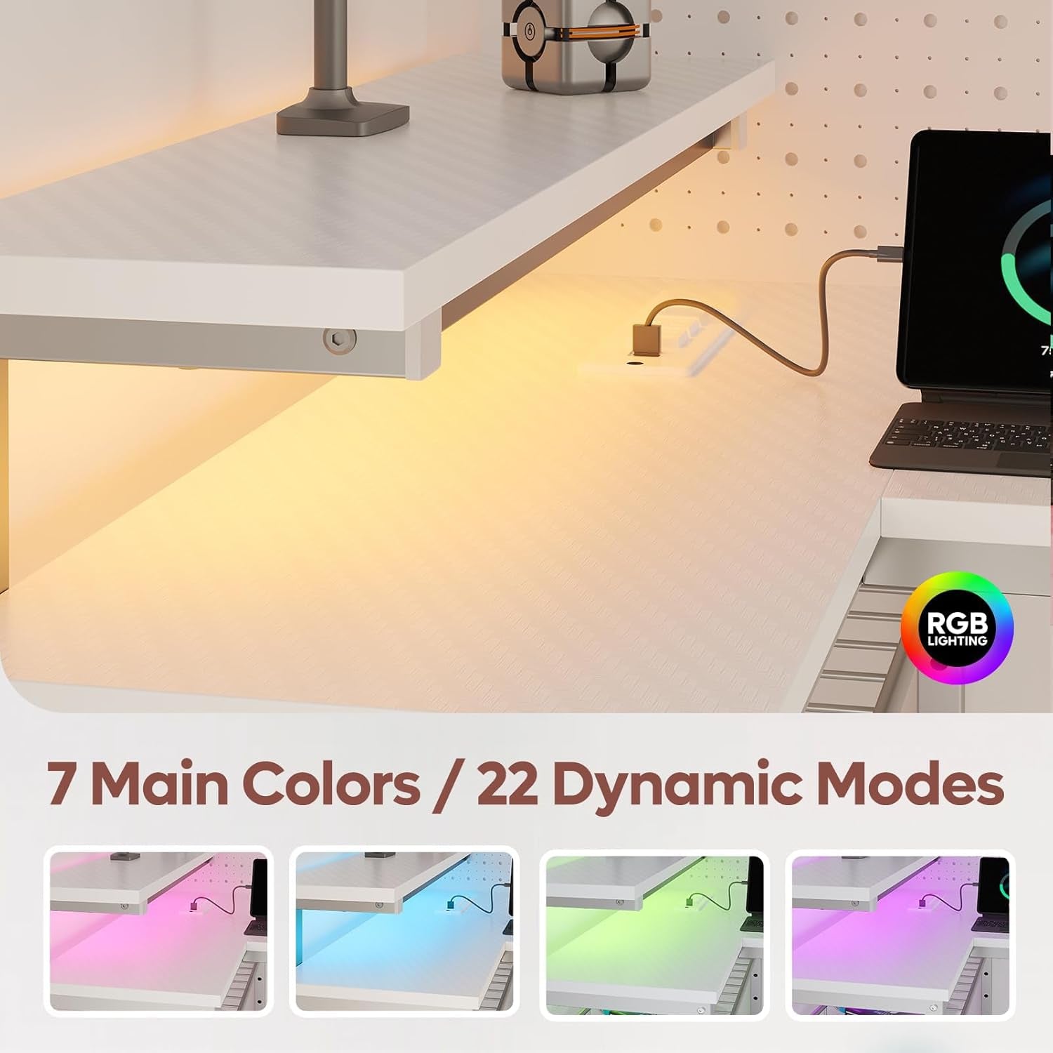 White Computer Desk with Charging Port & LED Strip,42 Inch Modern Gaming Desk with Reversible Storage Shelves,Small L Shaped Desk with Hooks for Home Office