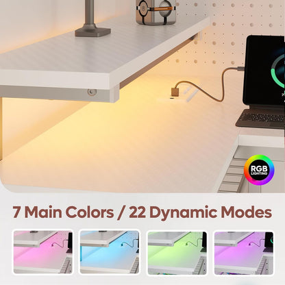 White Computer Desk with Charging Port & LED Strip,42 Inch Modern Gaming Desk with Reversible Storage Shelves,Small L Shaped Desk with Hooks for Home Office