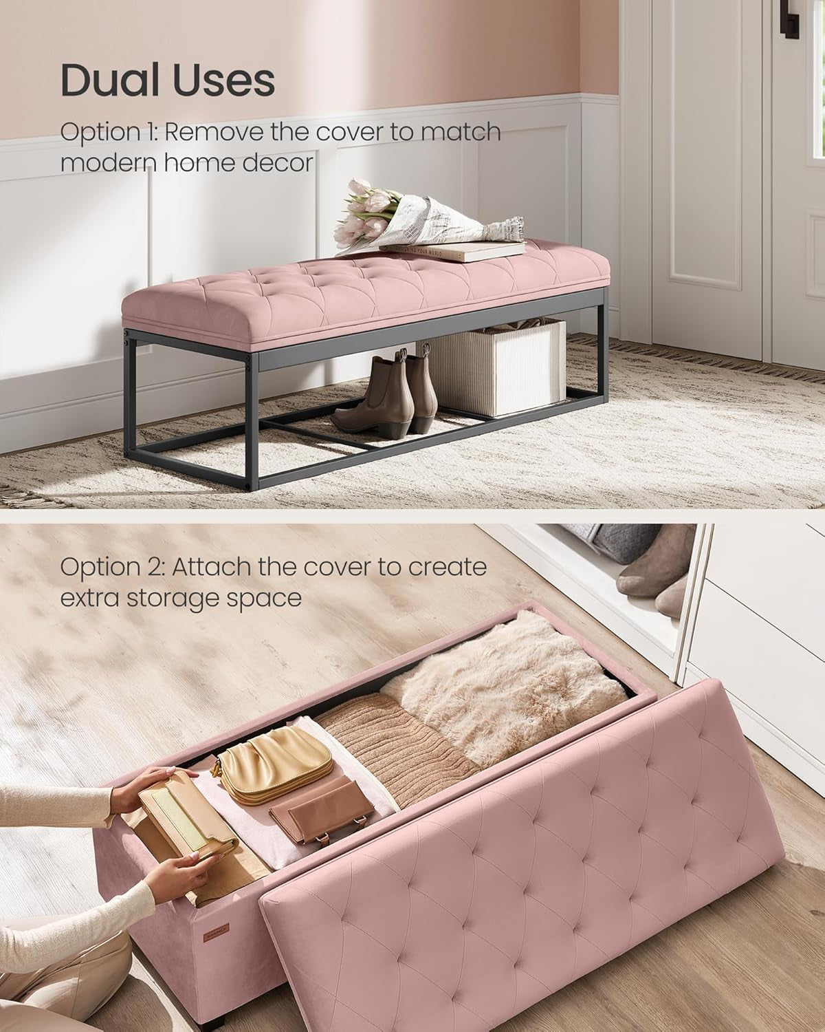 Velvet Storage Ottoman Bench, Foot Rest with Legs, 15.7 X 43 X 15.7 Inches, End of Bed Bench, Storage Chest, Load up to 660 Lb, for Living Room, Bedroom, Entryway, Jelly Pink ULSF089R01