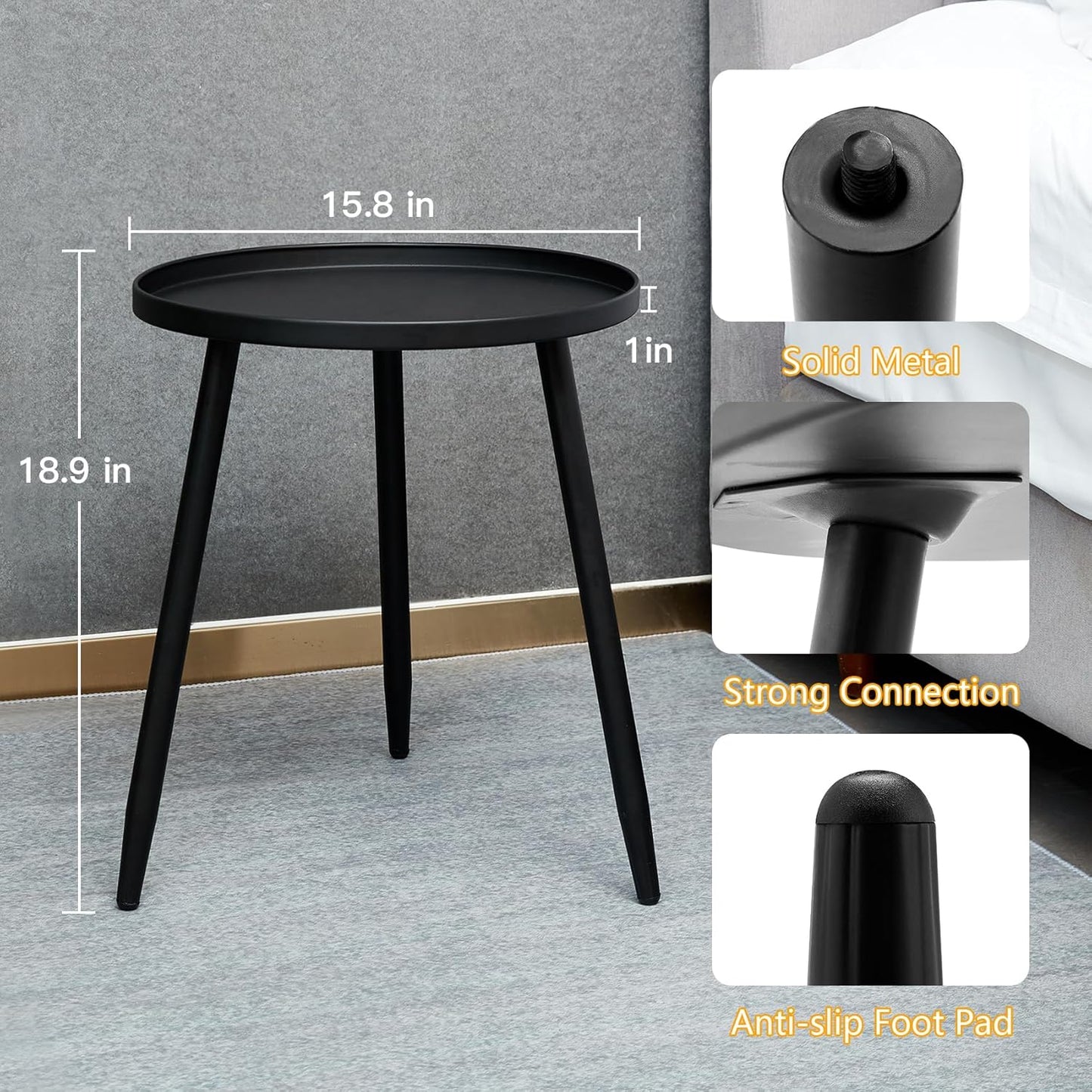 Decent End/Side Tables - Small round Accent Table, Metal Black Narrow Night Stands with 3 Legs, Ideal for Any Room-Side Tables Living Room, Bedroom, Tall Plant Stand Balcony, Indoor & Outdoor