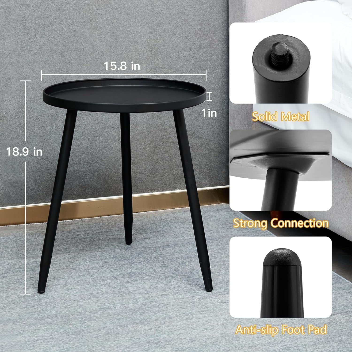 Decent End/Side Tables - Small round Accent Table, Metal Black Narrow Night Stands with 3 Legs, Ideal for Any Room-Side Tables Living Room, Bedroom, Tall Plant Stand Balcony, Indoor & Outdoor