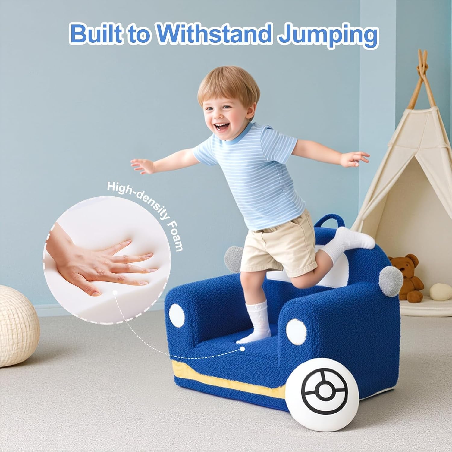 Toddler Chair for Ages 1–6, Soft Sherpa Kids Sofa with Book Pocket & Carry Handle, Comfy Single-Seat Couch for Playroom or Bedroom, Birthday Gift for Boys (Car)