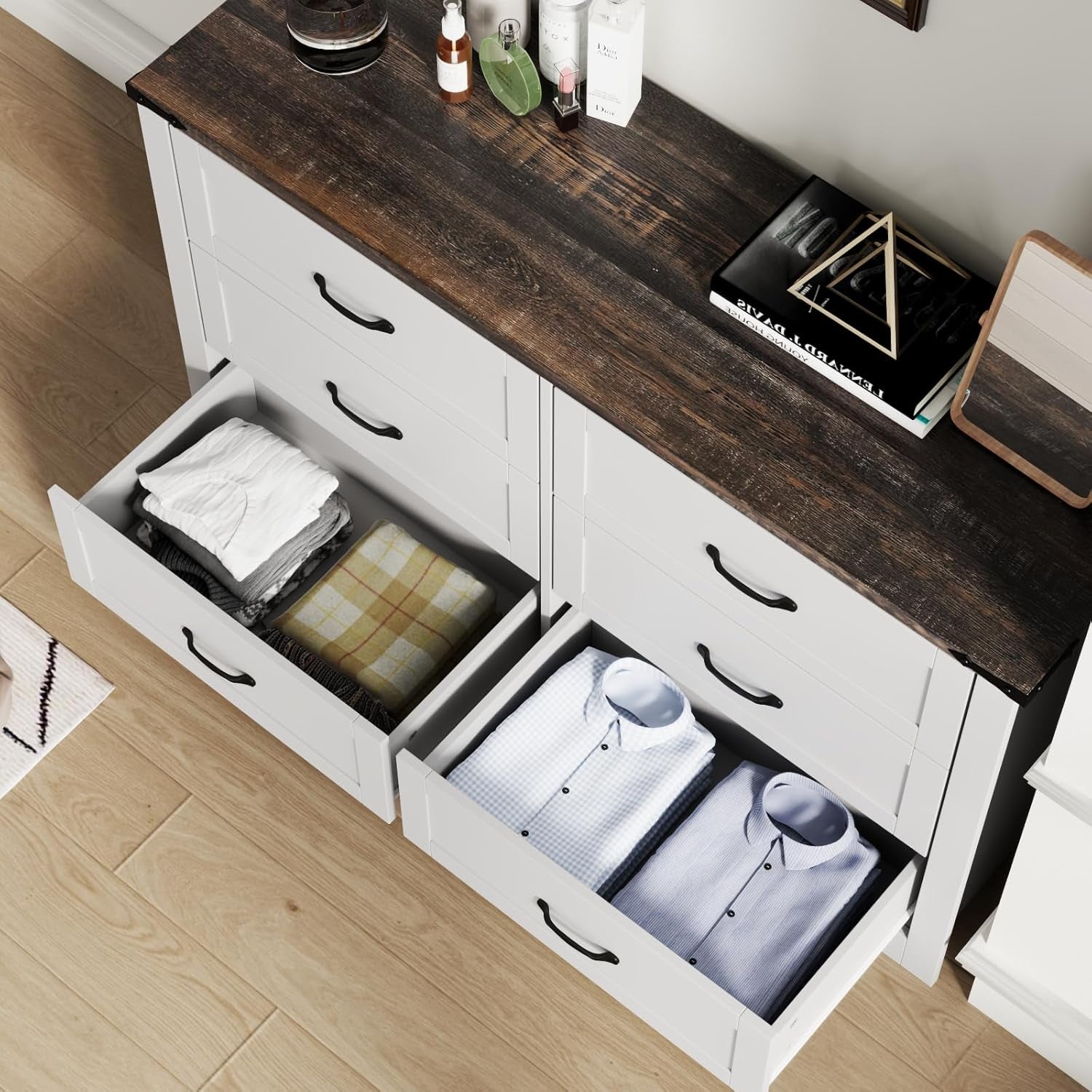 Farmhouse 6 Drawers Double Dresser for Bedroom, Modern White Dresser Chest of Drawers, Wide Dressers Organizer, Accent Storage Cabinet for Closet, Living Room, Hallway, Antique White