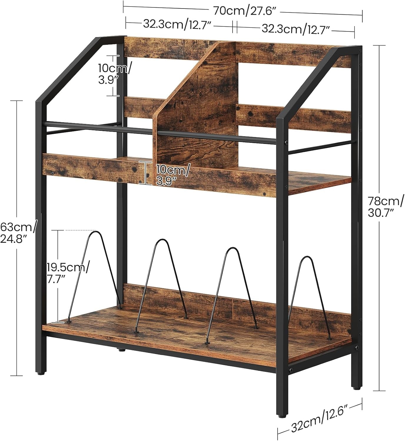 2-Tier Vinyl Record Storage Holder Rack, 250 LP Albums Display Shelf, Wooden Vinyl Storage Rack with Wire Dividers for Records, Cds, Books, Rustic Brown and Black TCW07BF