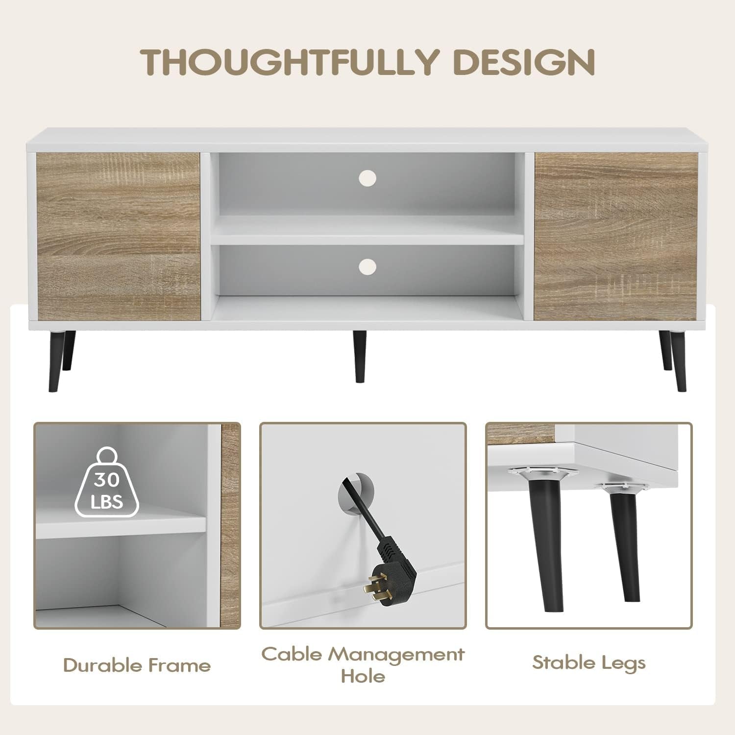 Modern TV Stand for 65" Television, Entertainment Center with Two Storage Cabinets, Retro Style Media Console for Living Room, Bedroom, Office, 58 Inch, White and Coffee