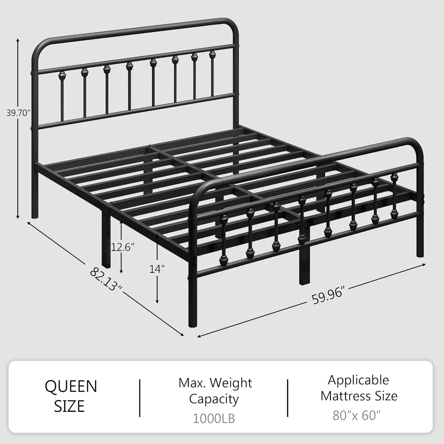 Queen Size Metal Platform Bed Frame/Victorian Style Headboard and Footboard/Steel Slat Support/Easy Assembly/No Box Spring Needed/Underbed Storage/Noise Free/Black