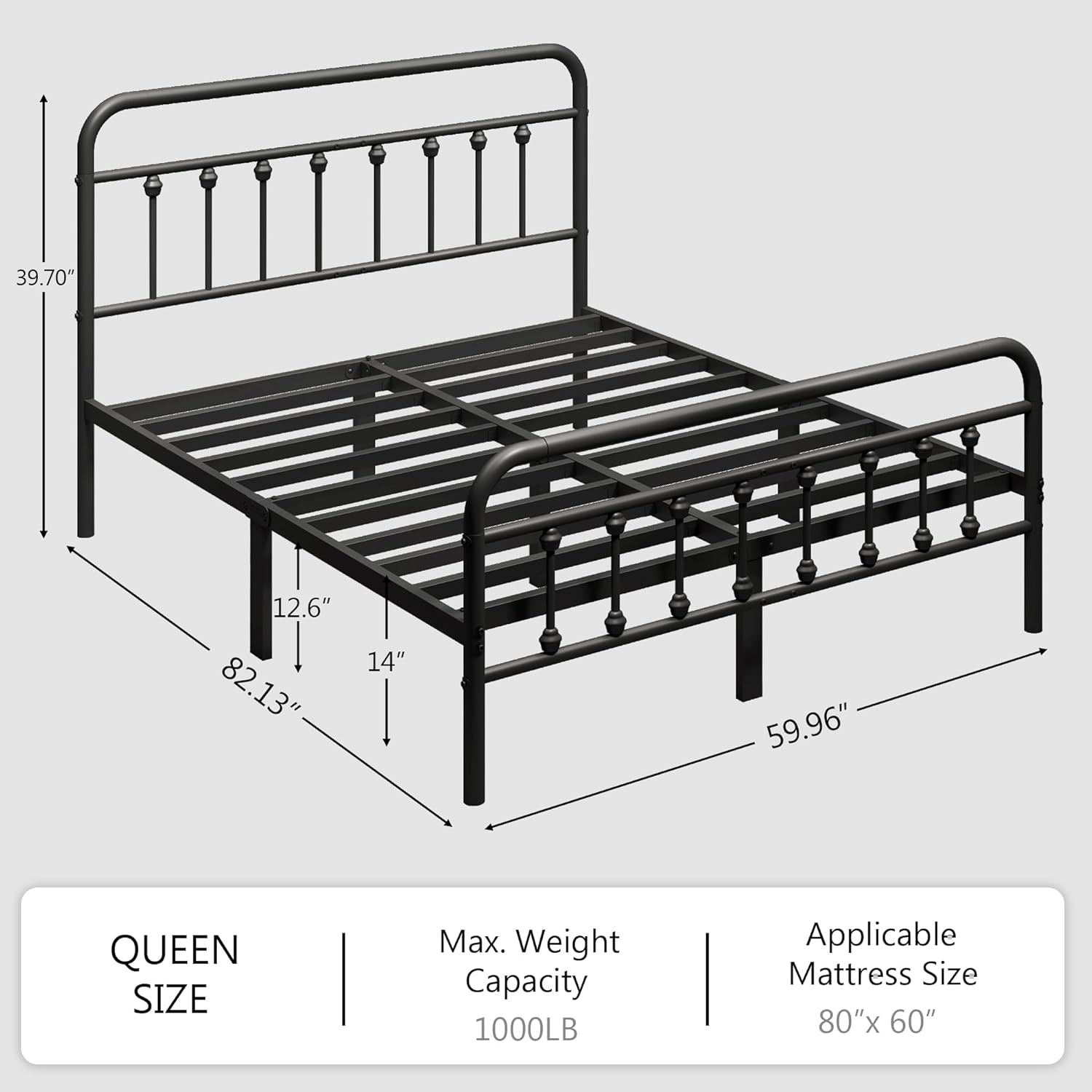 Queen Size Metal Platform Bed Frame/Victorian Style Headboard and Footboard/Steel Slat Support/Easy Assembly/No Box Spring Needed/Underbed Storage/Noise Free/Black
