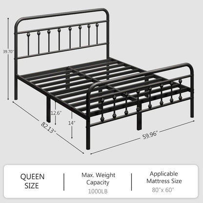 Queen Size Metal Platform Bed Frame/Victorian Style Headboard and Footboard/Steel Slat Support/Easy Assembly/No Box Spring Needed/Underbed Storage/Noise Free/Black
