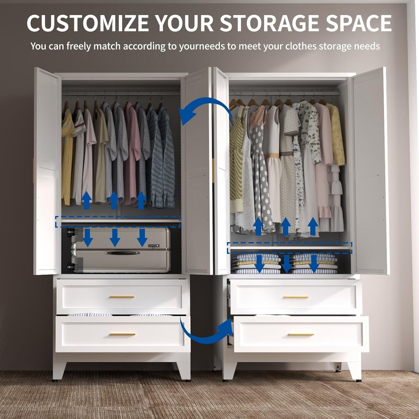 Steel Armoire Wardrobe Closet, 71" Metal Clothing Storage Cabinets with 2 Doors, 2 Drawers and 1 Adjustable Shelf, White Wardrobe Cabinet with Hanging Rod for Bedroom