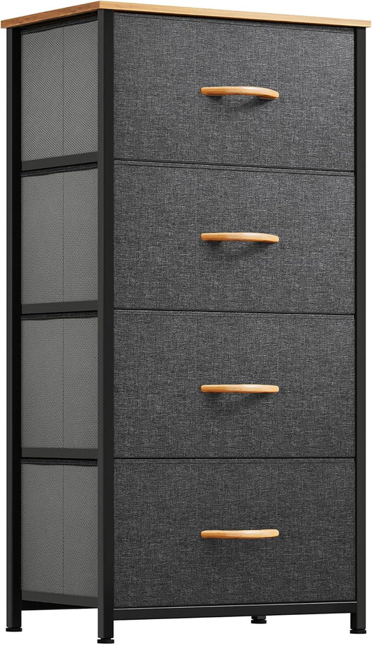 Dresser with 4 Drawers - Fabric Storage Tower, Organizer Unit for Bedroom, Living Room, Hallway, Closets - Sturdy Steel Frame, Wooden Top & Easy Pull Fabric Bins