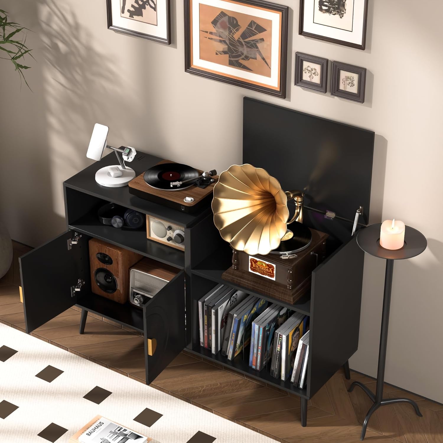 Large Record Player Stand, Mid Century Turntable Stand with Door, Record Player Table Holds up to 350 Albums,Vinyl Display Shelf for Living Room