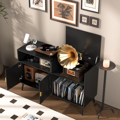 Large Record Player Stand, Mid Century Turntable Stand with Door, Record Player Table Holds up to 350 Albums,Vinyl Display Shelf for Living Room