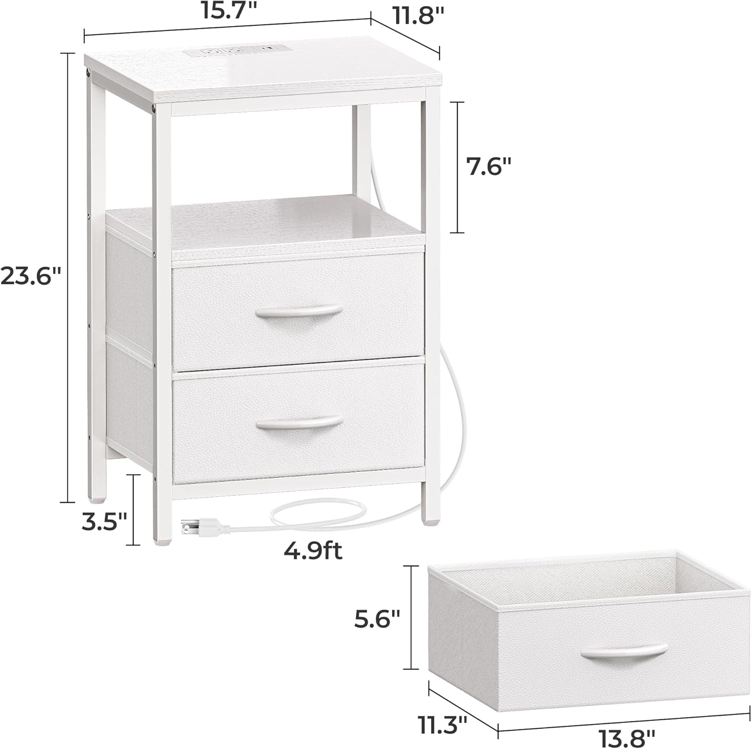 Nightstand with Charging Station, Side Table with 2 Fabric Drawers, End Table with Open Shelf, Bedside Table with USB-C Port and Outlets, Night Stand, PU Leather, White