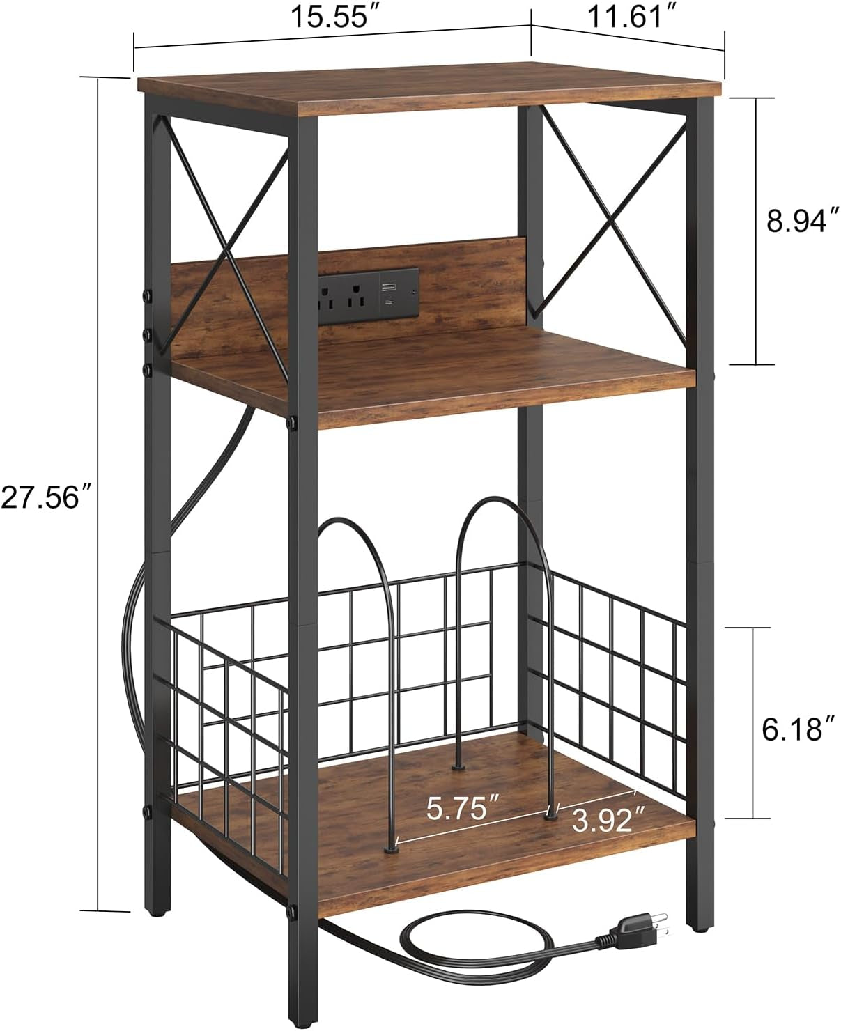 3 Tiers End Table with Charging Station, LED Side Small Table Turntable for Vinyl Storage, Records Player Stand for Albums, Vinyl Holder Shelf Tables for Living Room, Bedroom Rustic Brown