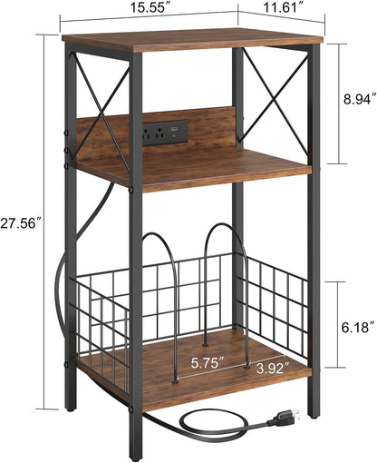 3 Tiers End Table with Charging Station, LED Side Small Table Turntable for Vinyl Storage, Records Player Stand for Albums, Vinyl Holder Shelf Tables for Living Room, Bedroom Rustic Brown