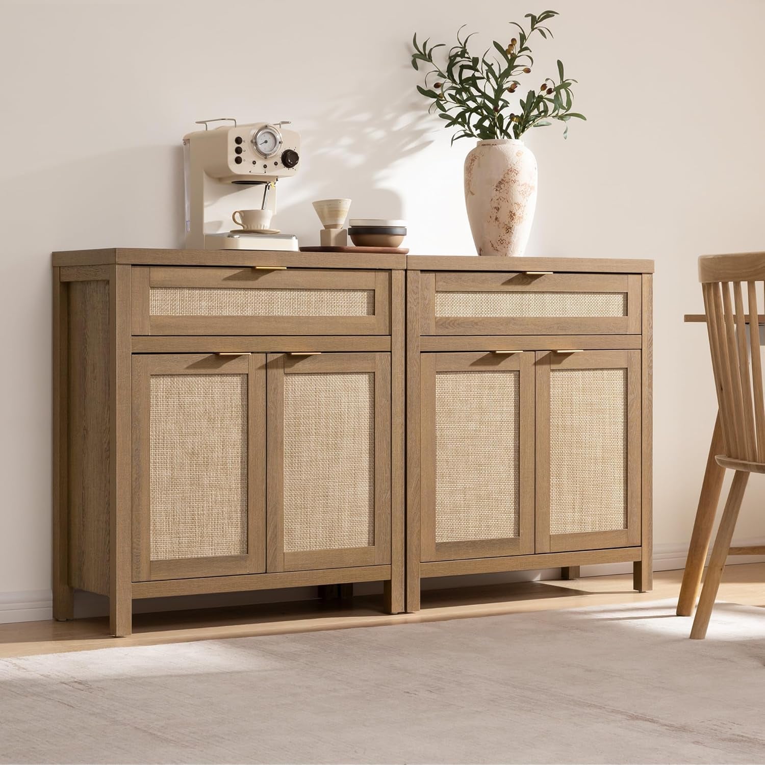 Buffet Cabinet Sideboard with Storage, Rattan Accent Cabinet with Doors Drawer, Boho Credenzas Farmhouse Buffet Table Console Coffee Bar Cabinets for Entryway Living Room, Natural Oak