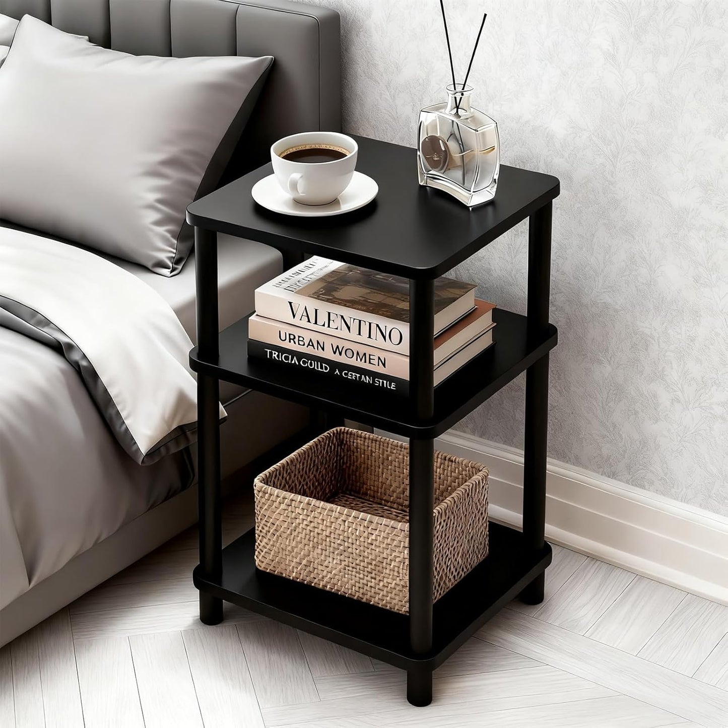 3 Tier Black Side Table ，Small End Table with Solid Wood Legs，28' Tall Bedside Table with Storage Shelf，Nightstand for Small Spaces，Living Room,Bedroom，Bathroom,No Tool Installation