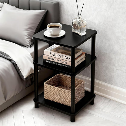 3 Tier Black Side Table ，Small End Table with Solid Wood Legs，28' Tall Bedside Table with Storage Shelf，Nightstand for Small Spaces，Living Room,Bedroom，Bathroom,No Tool Installation