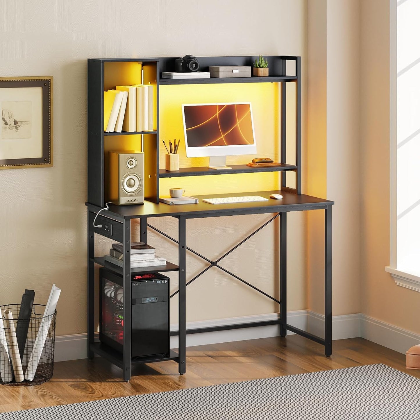 Computer Desk, Gaming Desk with LED and Outlets, Home Office Desk with Monitor Stand and Adjustable Shelf, Small Gaming Table with CPU Stand for Home Office, Small Space, Black BB100UDDN01