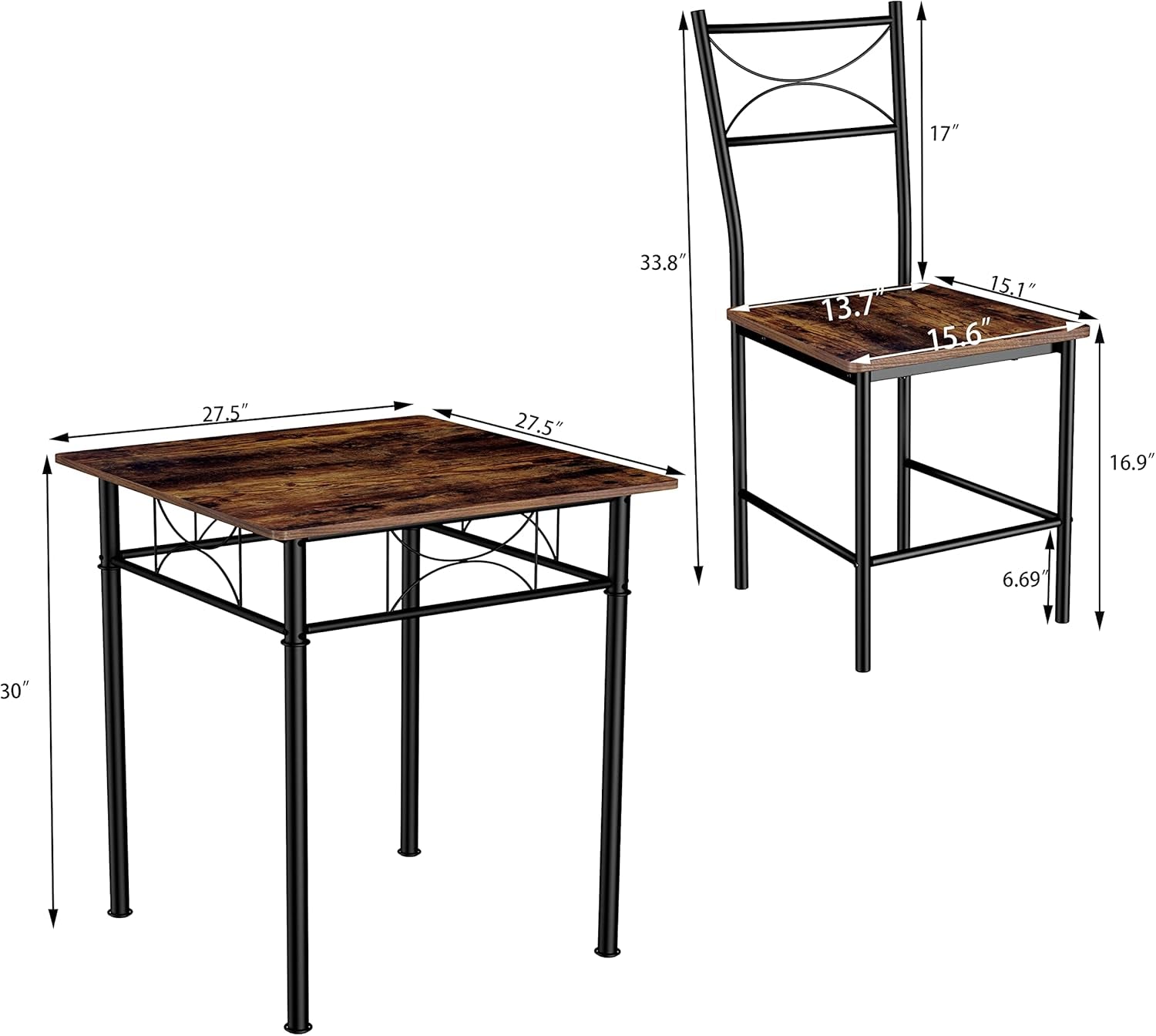 3-Piece Kitchen Dining Room Table Set for Small Spaces，Iron Wood Square Table with 2 Chairs for Kitchen Dining Room Furniture