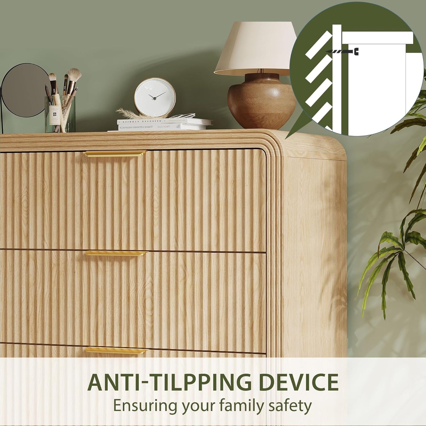 Fluted 5 Drawers Dresser, 48" Tall Modern Chest of Drawers with round Edge & Metal Handle, Wood Drawer Organizer for Living Room, Bedroom, Entryway, Hallway (Natural Oak)