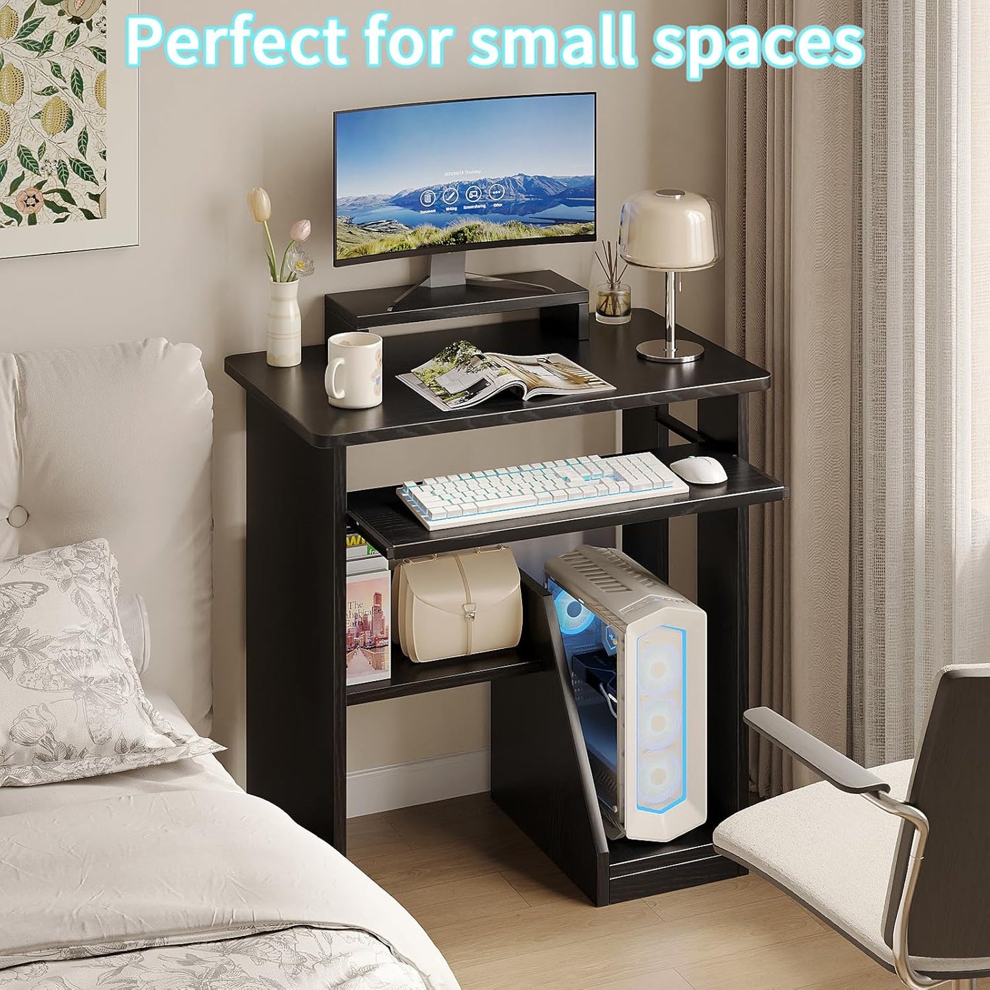 30" Small Computer Desk with Keyboard Tray Monitor Stand, Study Writing Desk with Storage Shelves, Modern Workstation for Small Spaces, save Space, Black A