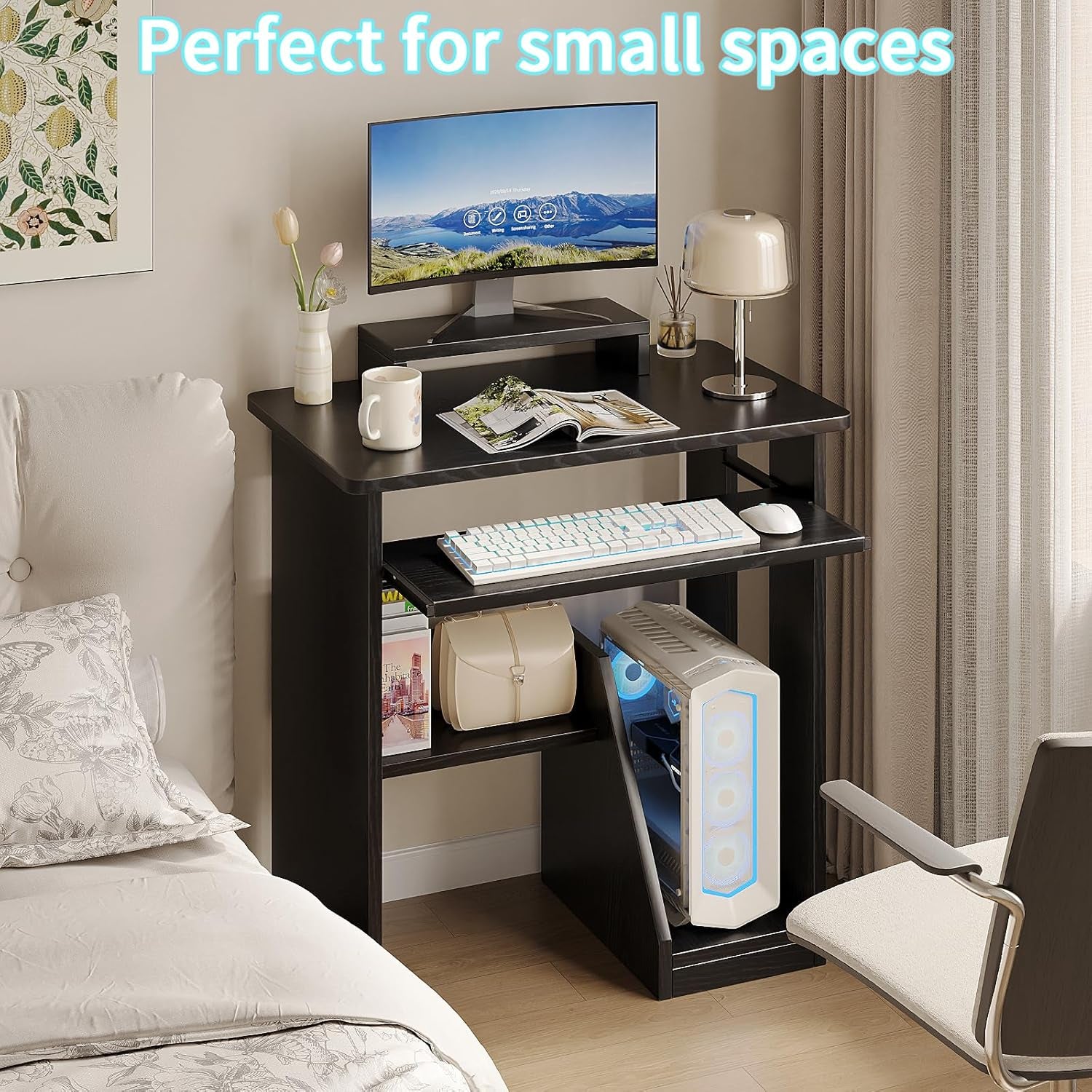 30" Small Computer Desk with Keyboard Tray Monitor Stand, Study Writing Desk with Storage Shelves, Modern Workstation for Small Spaces, save Space, Black A