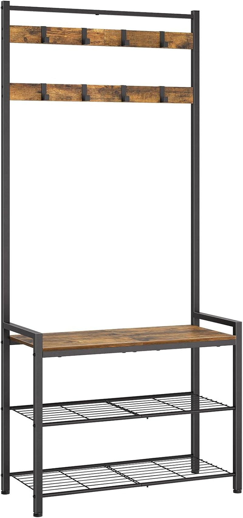 Hall Tree, Coat Rack with Shoe Bench, Entryway Bench with Shoe Storage, Multifunctional Entryway Storage Organizer, Metal Frame and 8 Movable Hooks, for Hallway, Rustic Brown MT01BR
