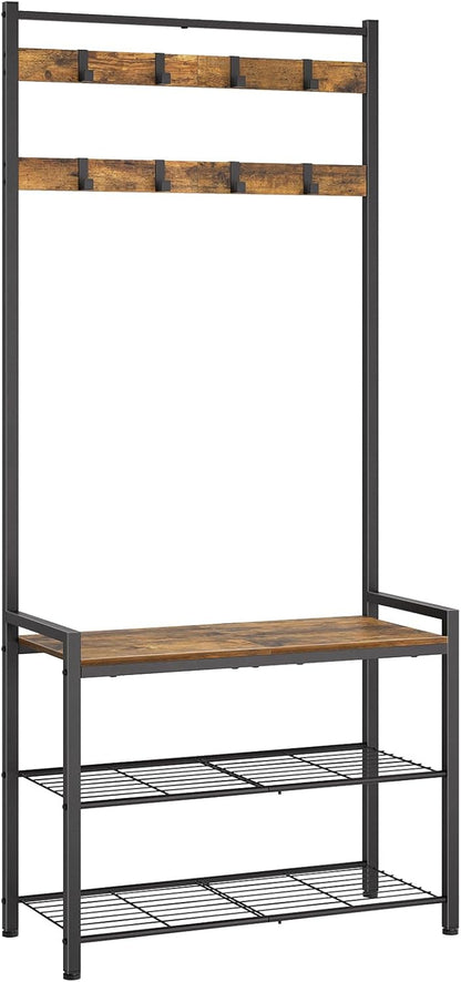 Hall Tree, Coat Rack with Shoe Bench, Entryway Bench with Shoe Storage, Multifunctional Entryway Storage Organizer, Metal Frame and 8 Movable Hooks, for Hallway, Rustic Brown MT01BR