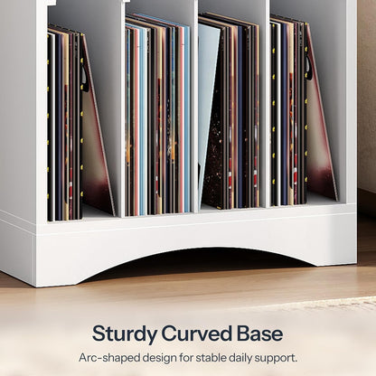Farmhouse Record Stand with Charging Station and LED Lights, Compact Vinyl Storage Cabinet Holds up to 230 Albums, Turntable Holder for Living Room, Bedroom, Black and White WB40UDRS01