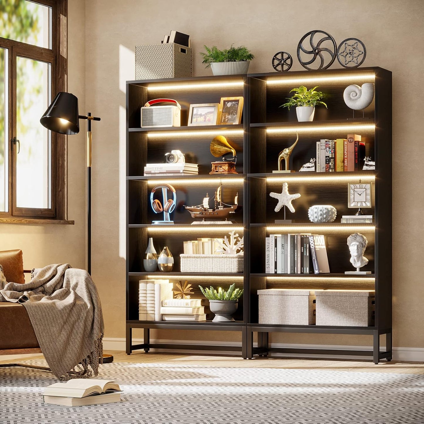 Tall Bookcase Black Bookshelf, 70.8” Large Bookcases Organizer with LED Lights, Heavy Duty Free-Standing Library Bookshelf with 5-Tier Storage Shelves for Living Room, Bedroom (Black)