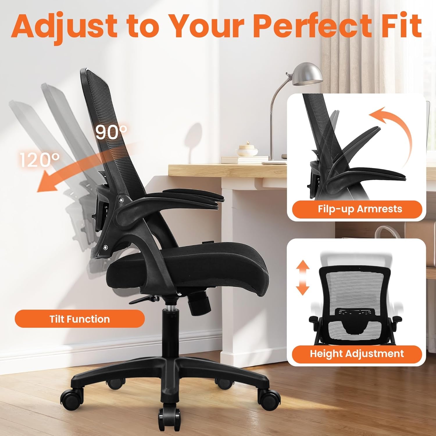 Office Desk Chair Computer High Back Mesh Gaming Seat with Ergonomic Adjustable Comfy Flip-Up Armrests Lumbar Support Height for Home (Black)