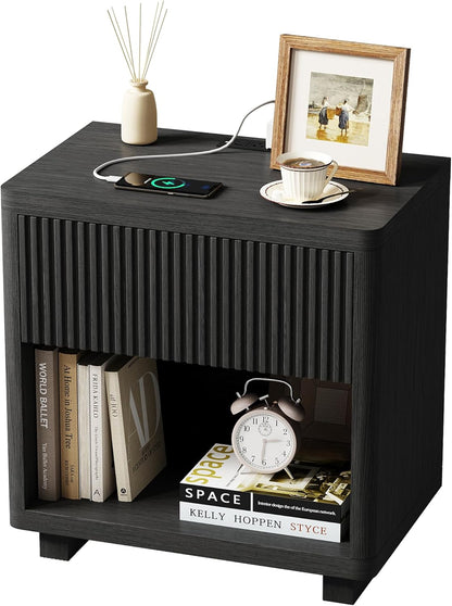 24" Wide Night Stands for Bedrooms Set of 2 with Charging Station, Wood Fluted Nightstand Set of 2 with Drawer and Outlet, 2Pcs Bedside Table for Bedroom