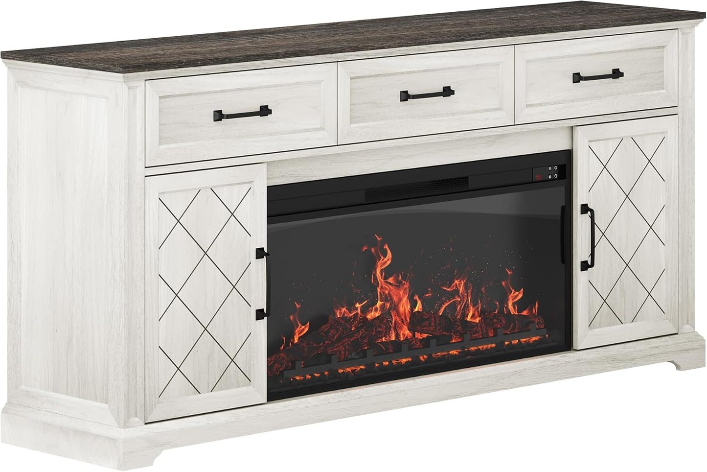 68" Farmhouse TV Stand with Electric Fireplace & Crackling Sound, Media Console with Storage Cabinets & 3 Drawers for Tvs up to 75", Rustic Entertainment Center for Living Room(White)