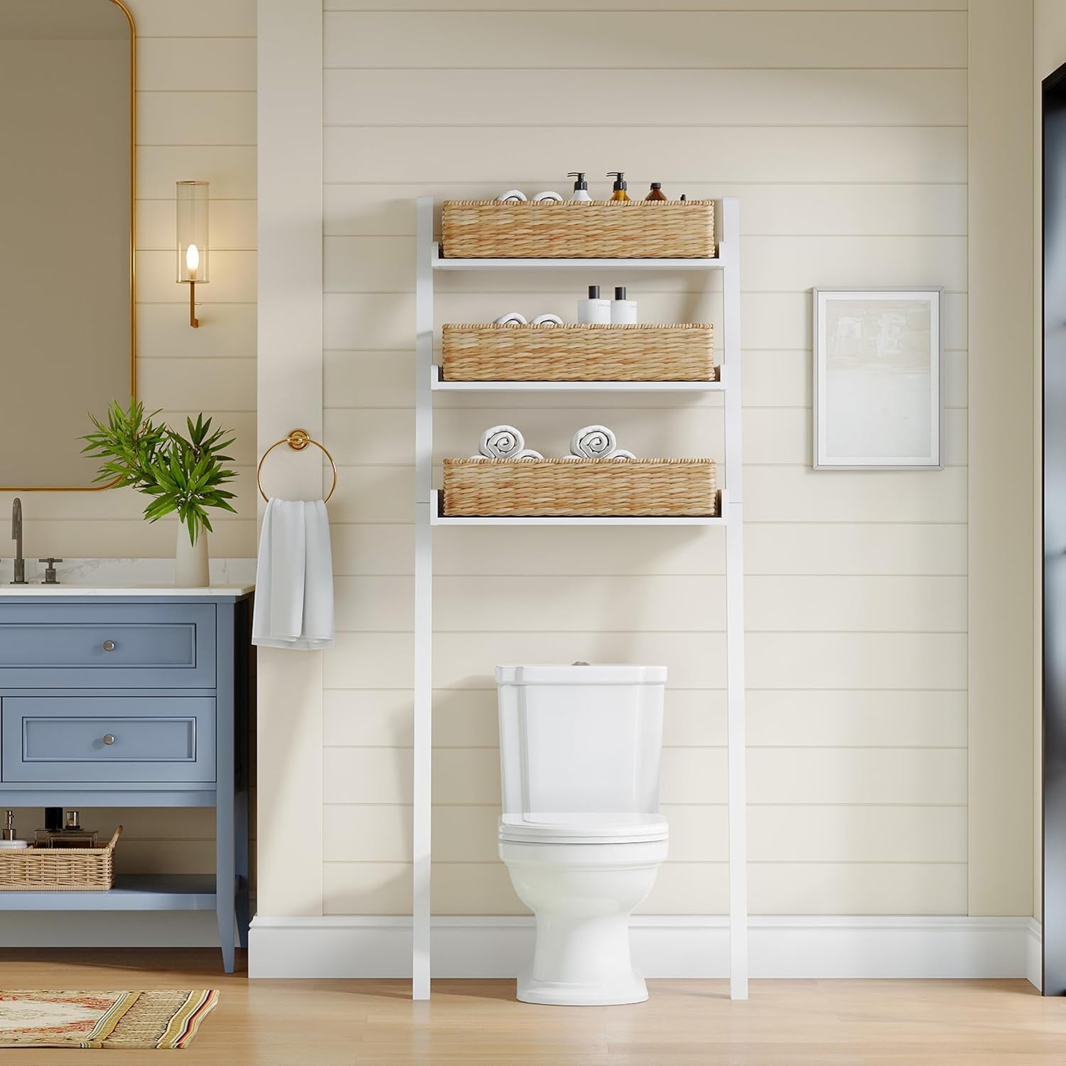 Over the Toilet Storage Ladder,Freestanding 3-Shelves over the Toilet Organizer,Toilet Bathroom Organizer Space Saver,Engineered Wood(White)