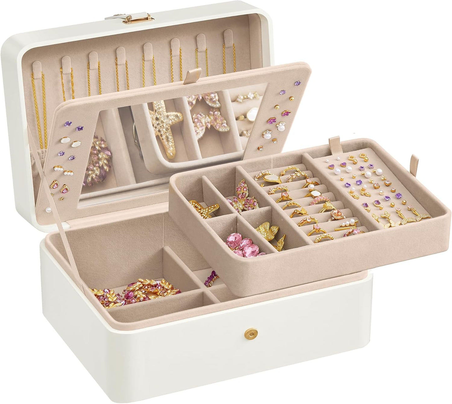 Jewelry Box Organizer with Mirror, 2-Layer Jewelry Holder Case, Removable Tray, 6.9 X 8.7 X 4.3 Inches, Earring Necklace Storage, Gift Idea, Cloud White UJBC200W01