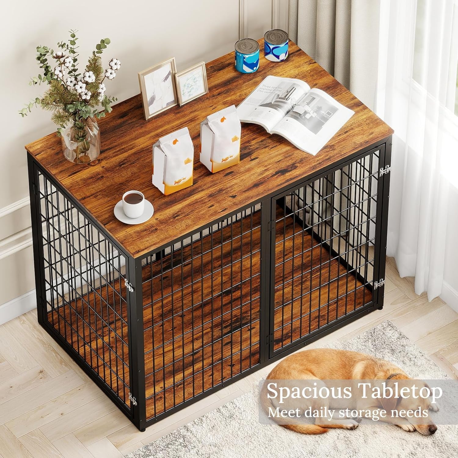 48" Dog Crate Furniture for Medium Large Dogs, Indestructible Large Dog Kennel Indoor with 3 Doors, Wooden Dog Cage Side End Table, Heavy Duty XL Dog Crate, Brown