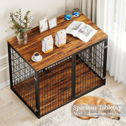 48" Dog Crate Furniture for Medium Large Dogs, Indestructible Large Dog Kennel Indoor with 3 Doors, Wooden Dog Cage Side End Table, Heavy Duty XL Dog Crate, Brown