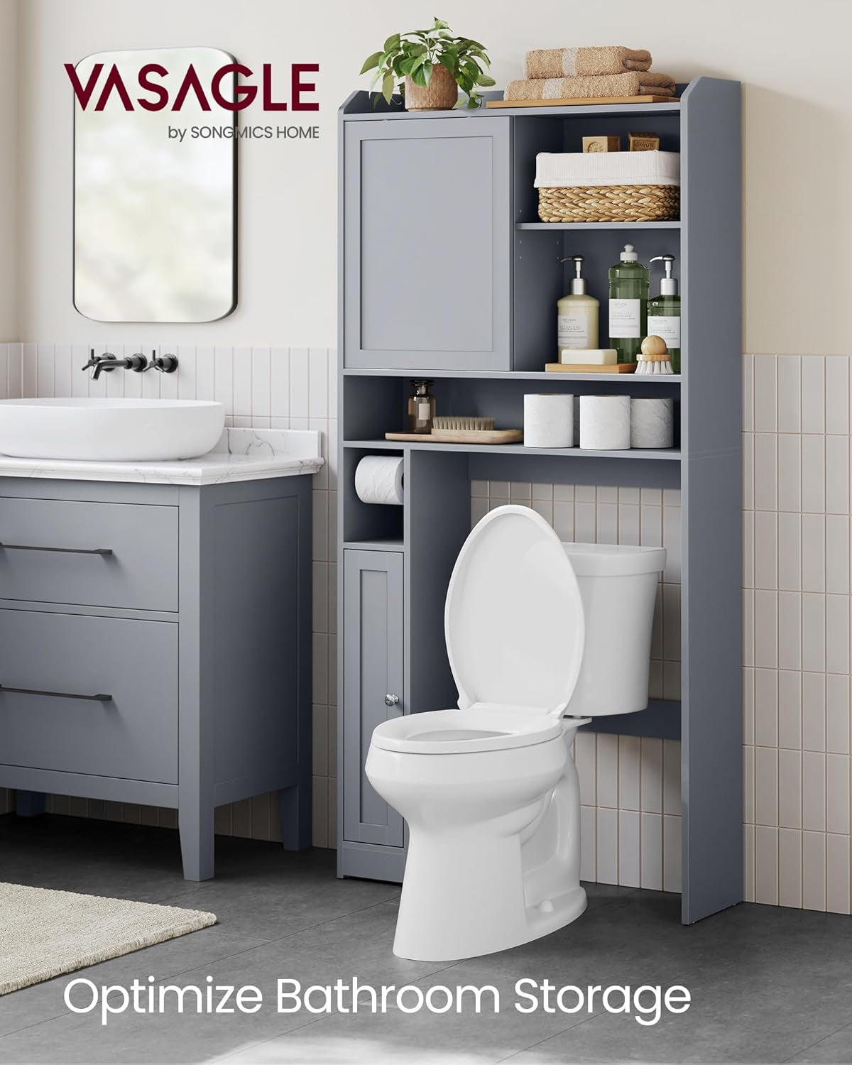 over the Toilet Storage Shelf, Bathroom Storage Cabinet with Sliding Door, Adjustable Shelves, Toilet Paper Holder, Space-Saving, Modern, 9.8 X 32.7 X 66.9 Inches, Dove Gray UBTS018G01