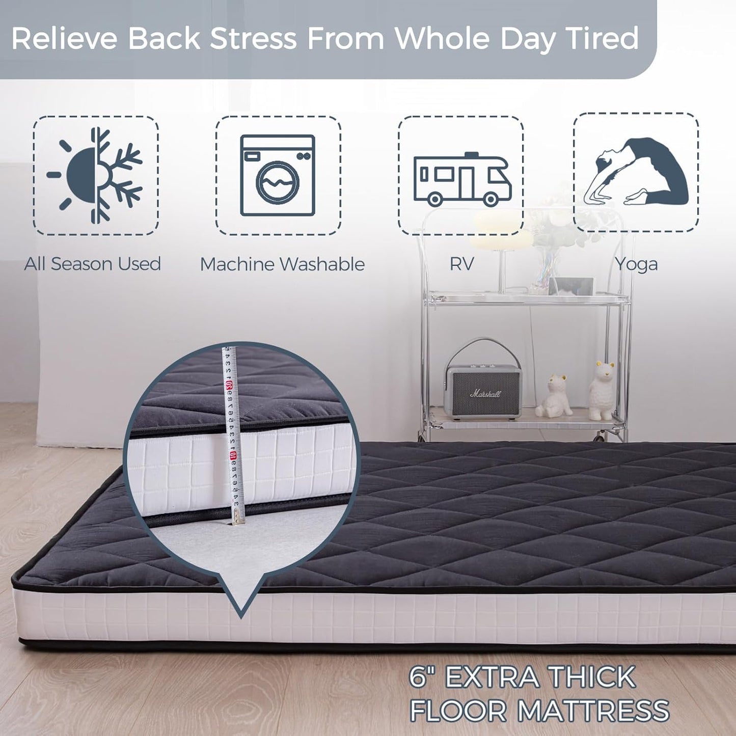 6" Extra Thick Futon Mattress, Queen Size Diamond Pattern Mattress Pad Tatami Pad Japanese Floor Mattress for Adults Guest Mattress, Black