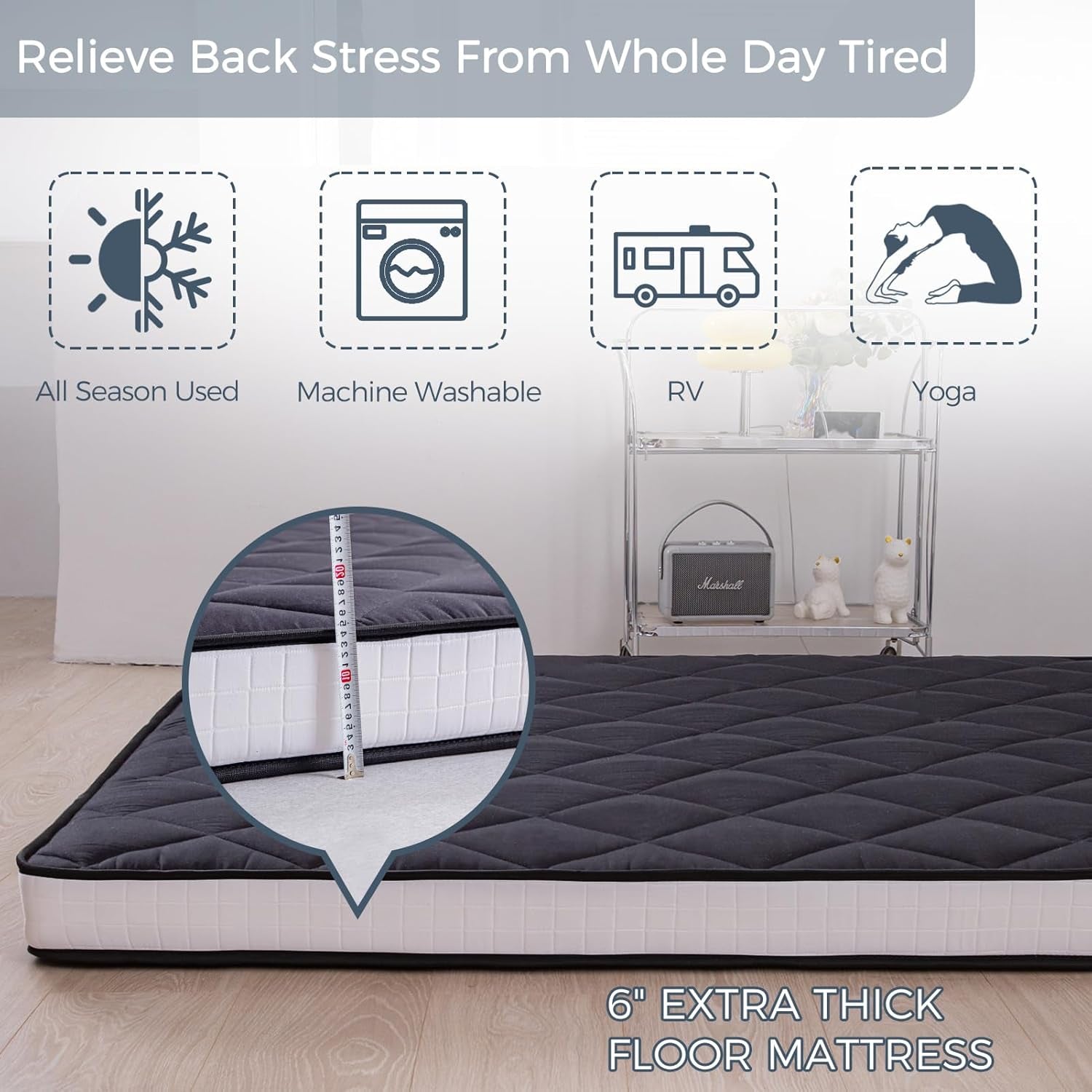 6" Extra Thick Futon Mattress, Queen Size Diamond Pattern Mattress Pad Tatami Pad Japanese Floor Mattress for Adults Guest Mattress, Black