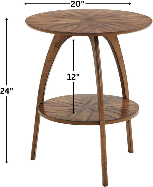 Retro Mid-Century Modern round Wood End Table, Solid Grain Side Table with Lower Shelf, Small Accent Table for Living Room or Nightstand. Nutmeg Brown.