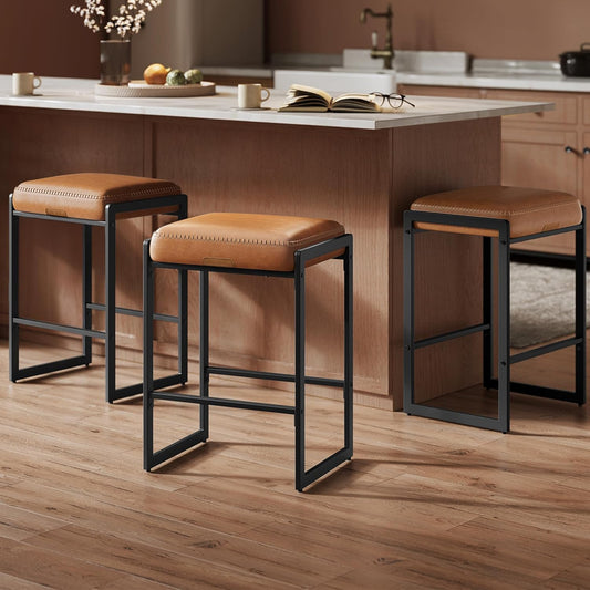 EKHO Collection - Bar Stools Set of 3, Counter Height Bar Stools, Synthetic Leather with Stitching, Mid-Century Modern Counter Stools, 26-Inch Tall, Kichen Home Bar Dining Room, Caramel Brown
